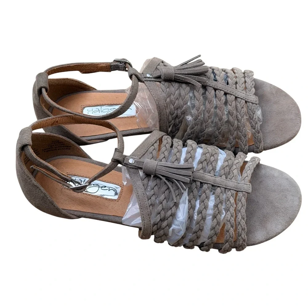 Halogen Braided Suede Sandals Womens 5.5 Taupe Grey Flat T-Strap Tassel Boho